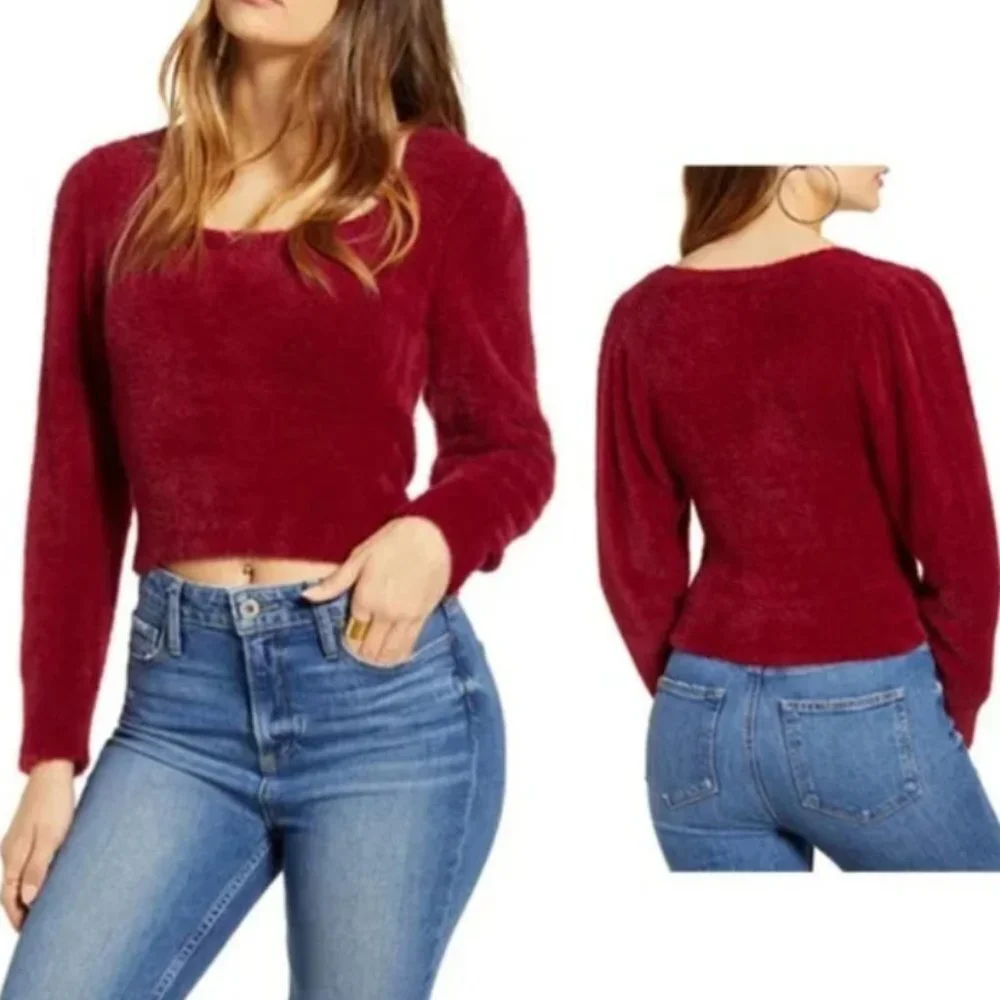 ASTR The Label Fuzzy Crop Sweater Size Small Wine